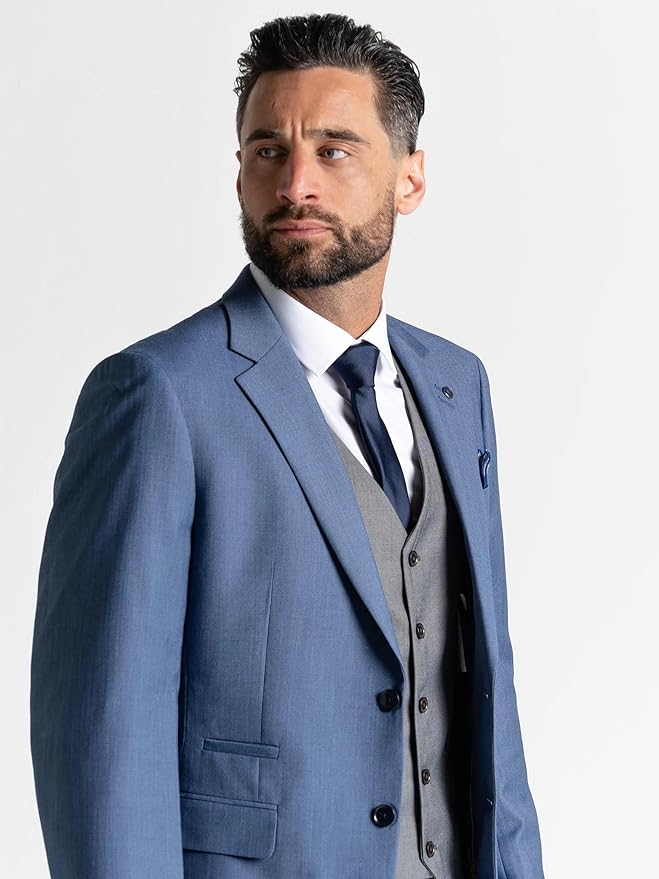 Men's Max Blue Slim-Fit Blazer with Grey Waistcoat Three-Piece Suit –